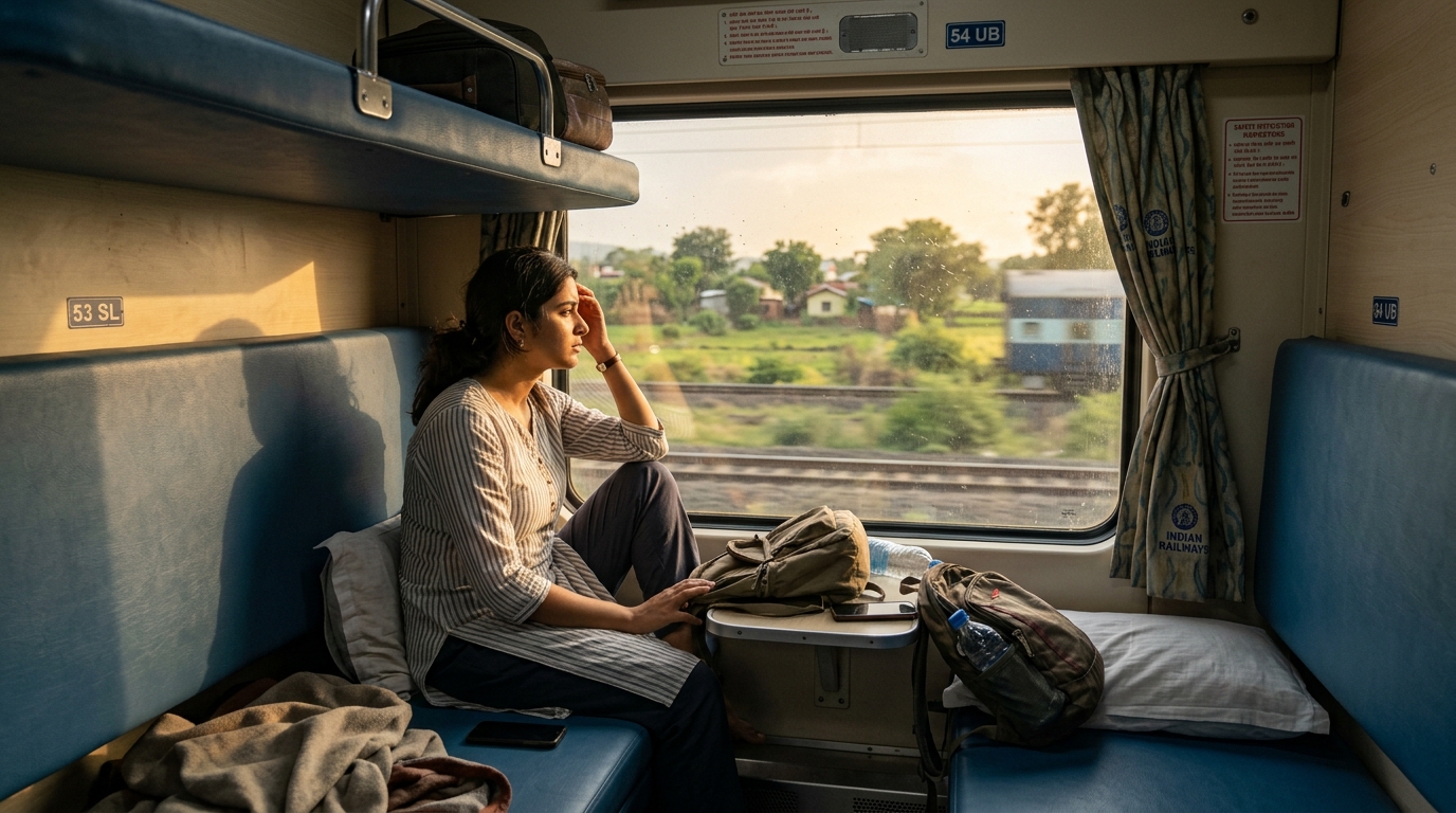 Passenger seated inside an Indian train compartment looking out the window while travelling