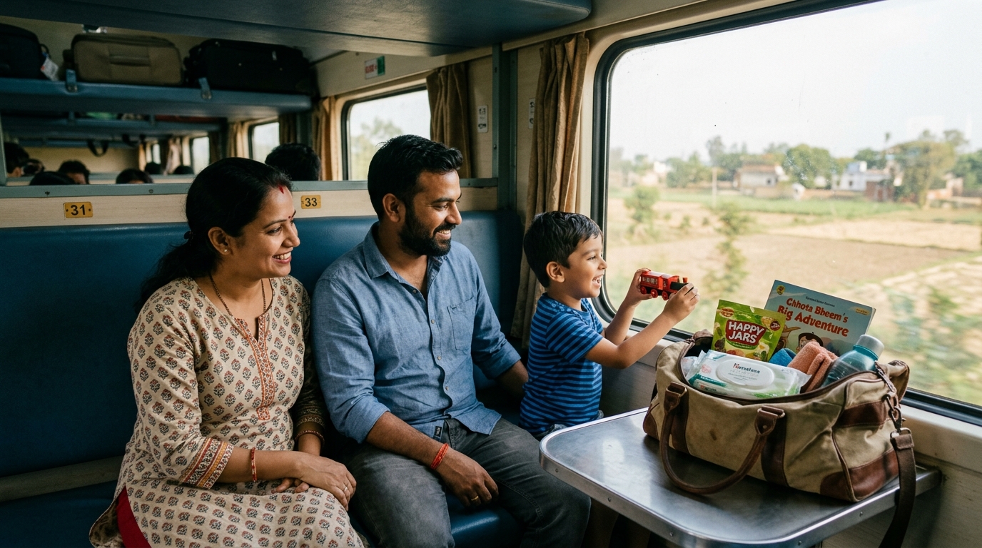 Family with kids travelling together comfortably during a journey