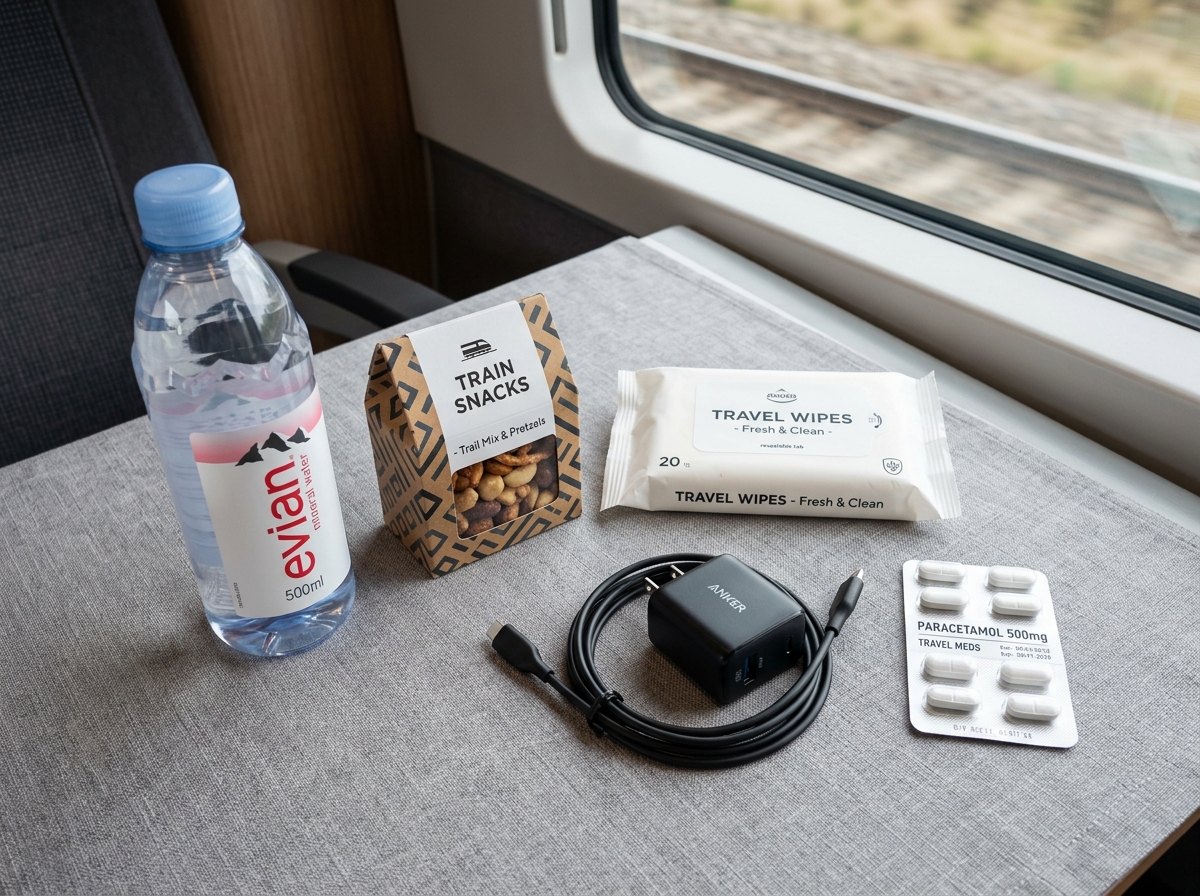 Night atmospheric train journey with cozy berth and travel essentials