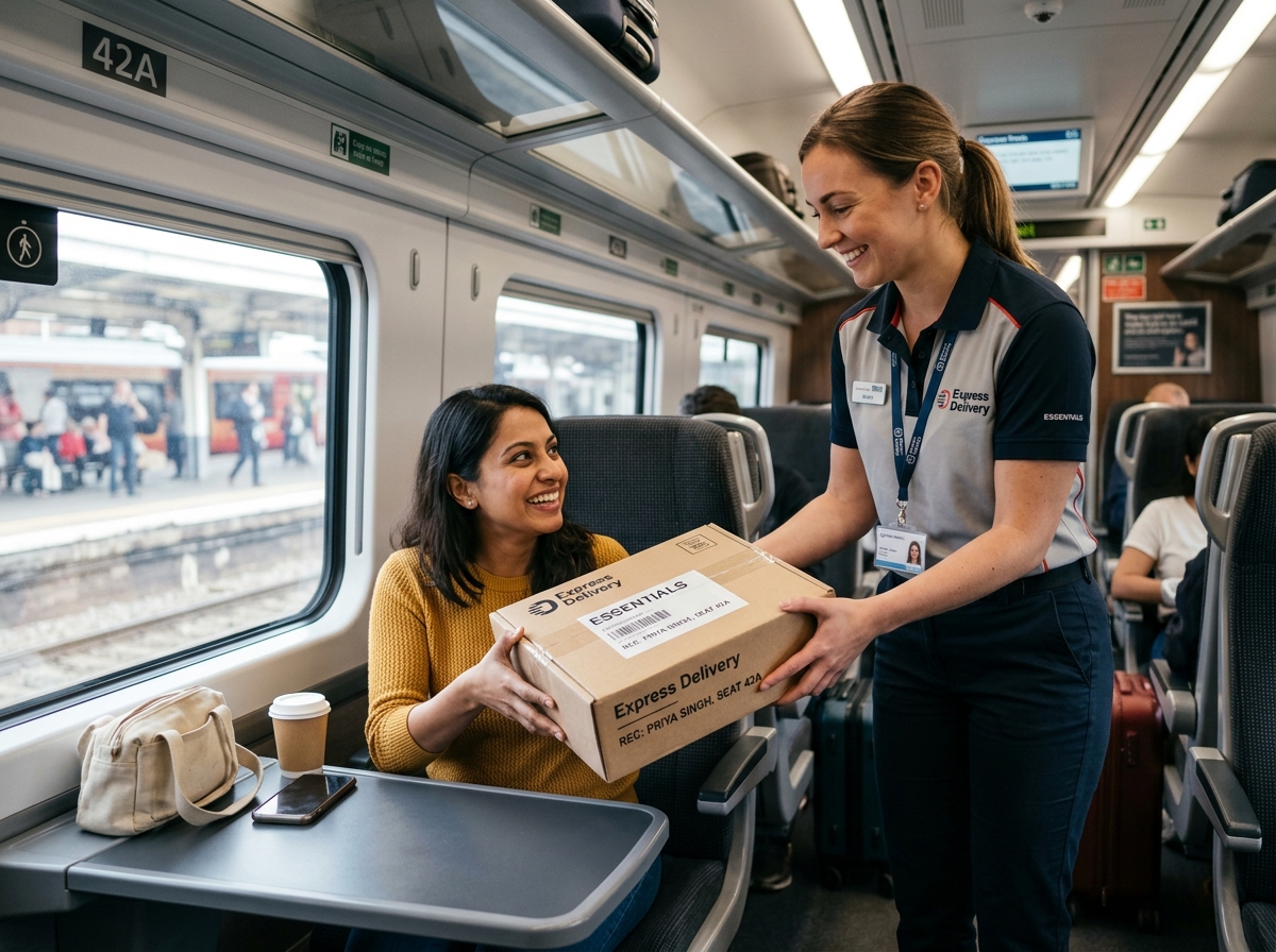 RailQuick delivery agent delivering essential items directly to passenger berth inside train