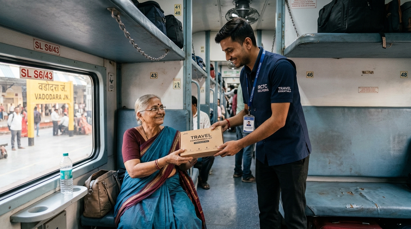 Train traveler enjoying hot chai tea during an Indian railway journey