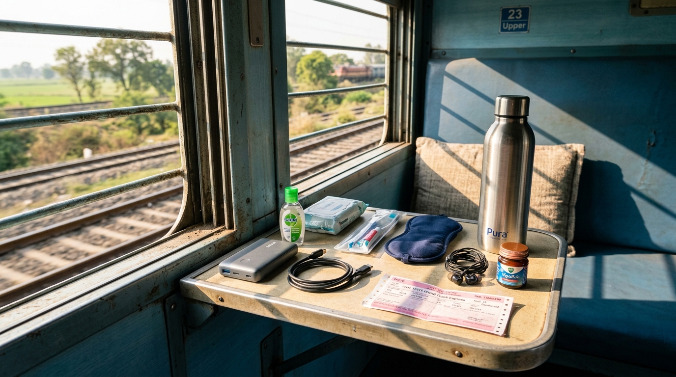 Travel backpack and organized packing essentials for a long distance Indian train journey