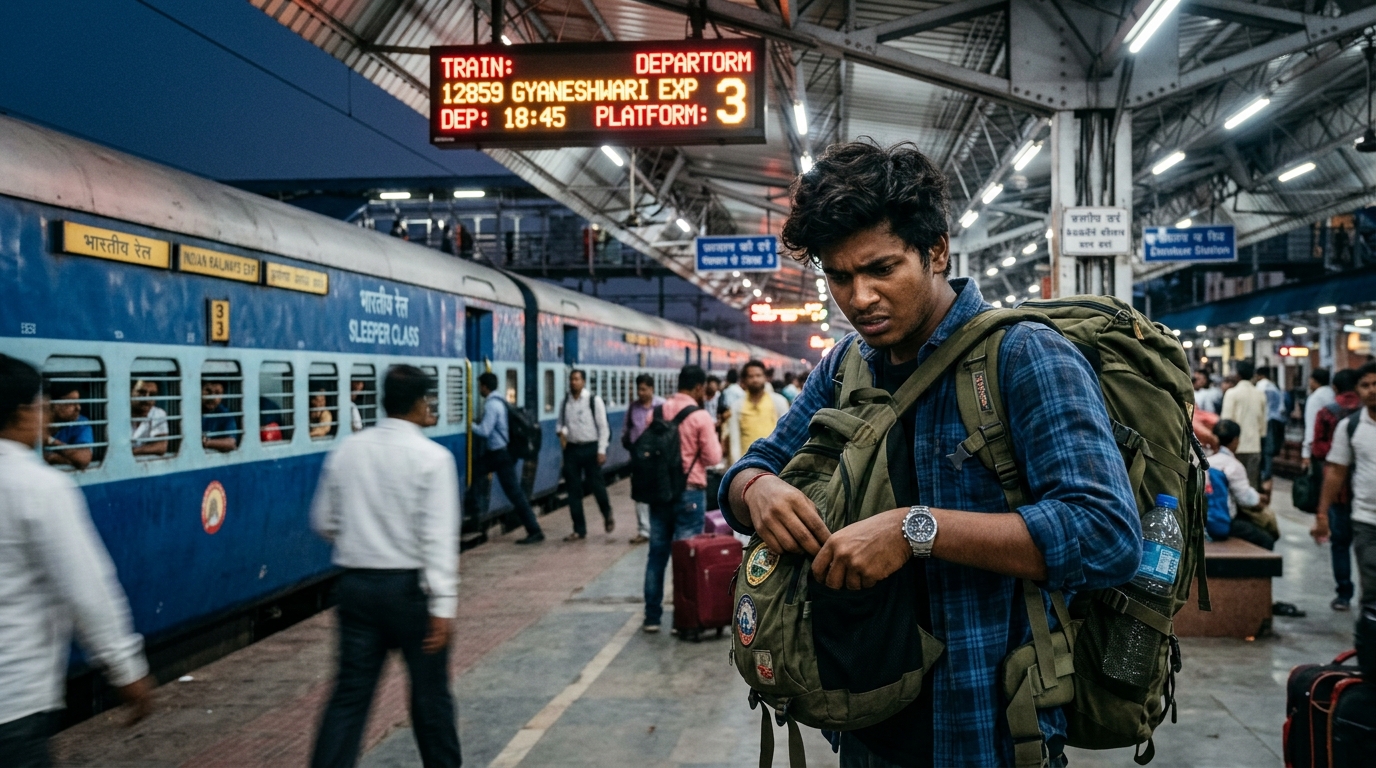 Passenger waiting beside platform clock on a railway station before boarding train