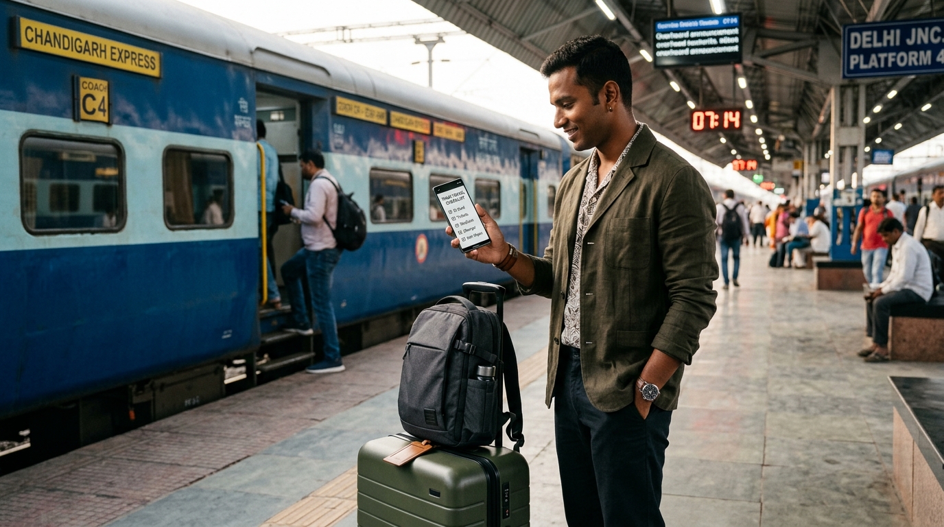 Travel checklist accessories including wallet, tickets, and phone ready for boarding