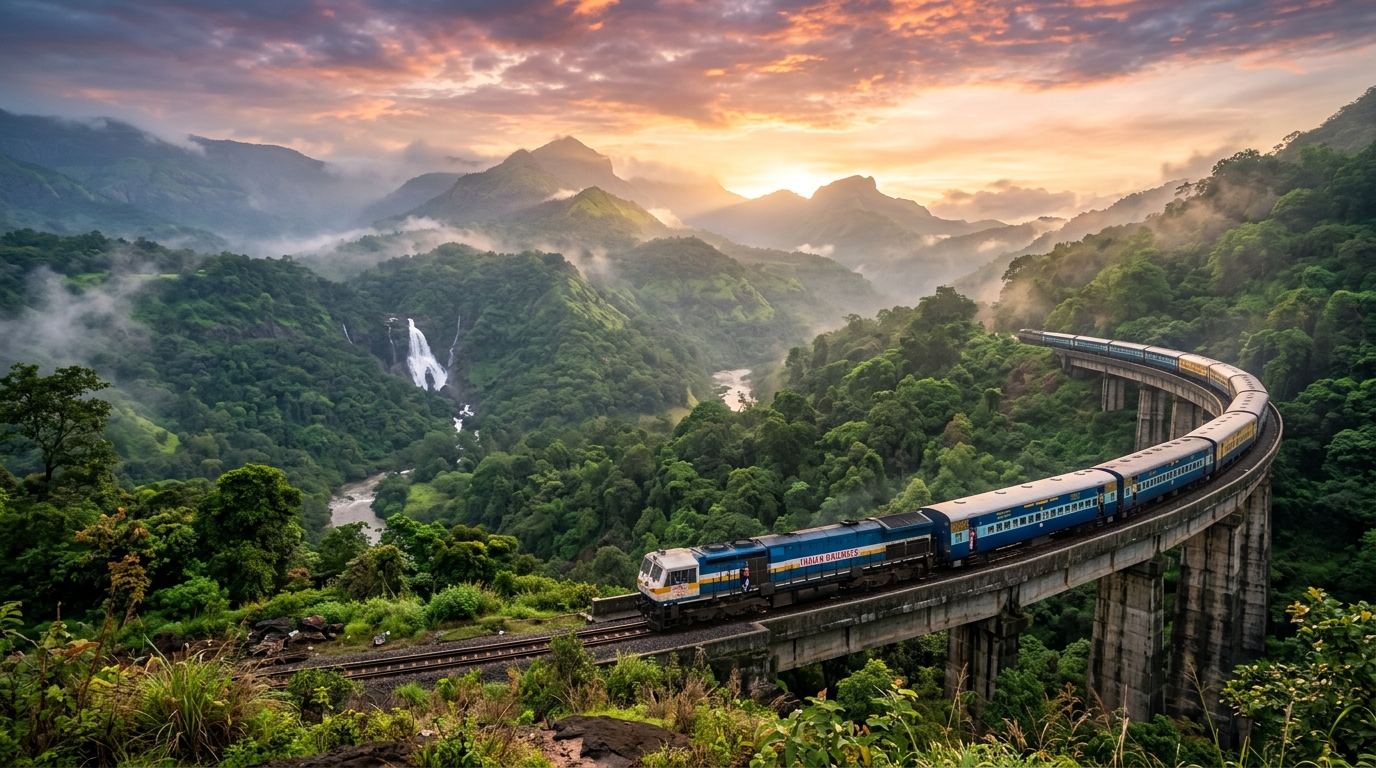 Indian passenger train travelling through scenic landscapes on a long distance route